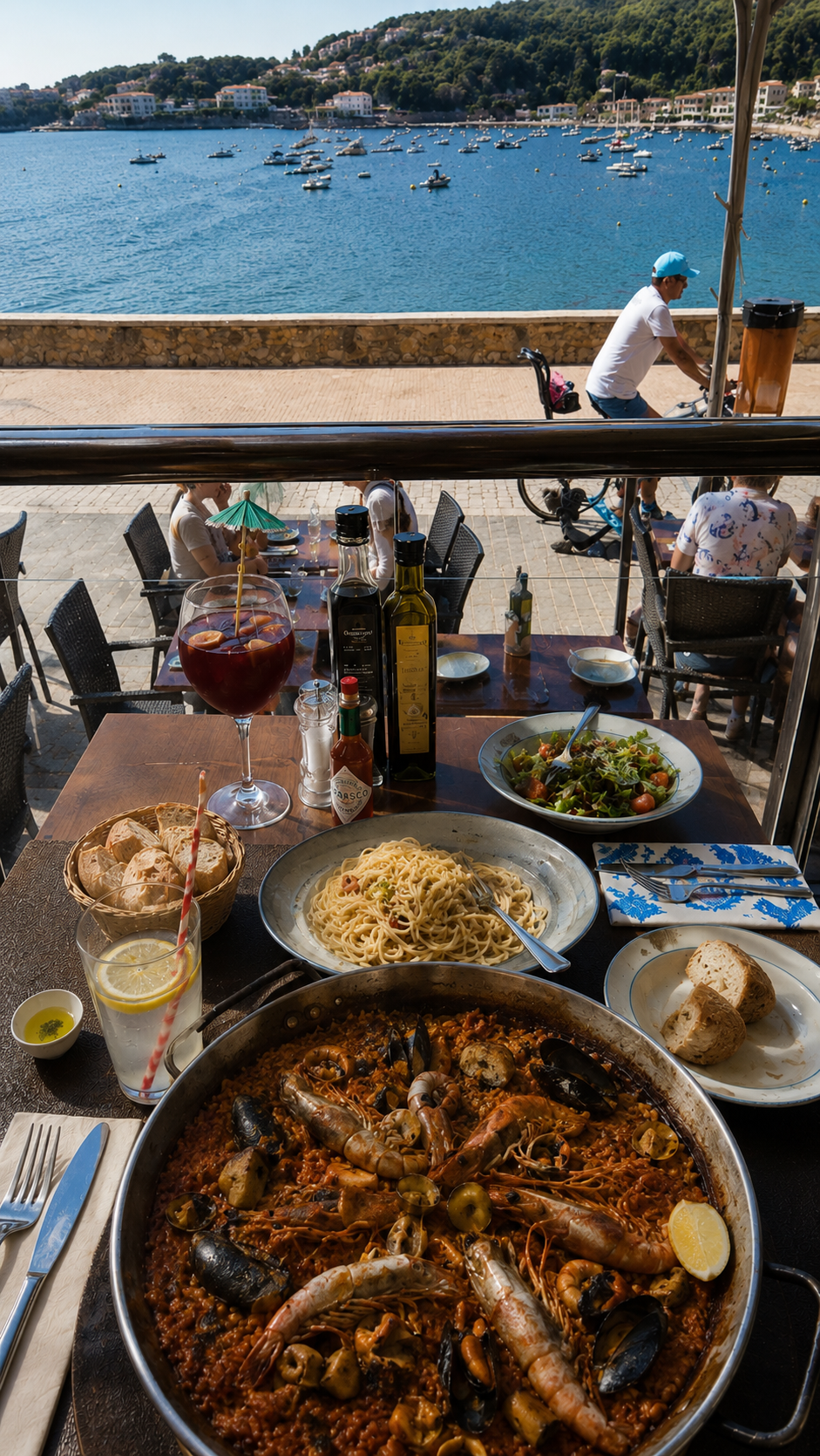 Mesa de Brisas del Mar con paella de mariscos y vistas al Port de Sóller
